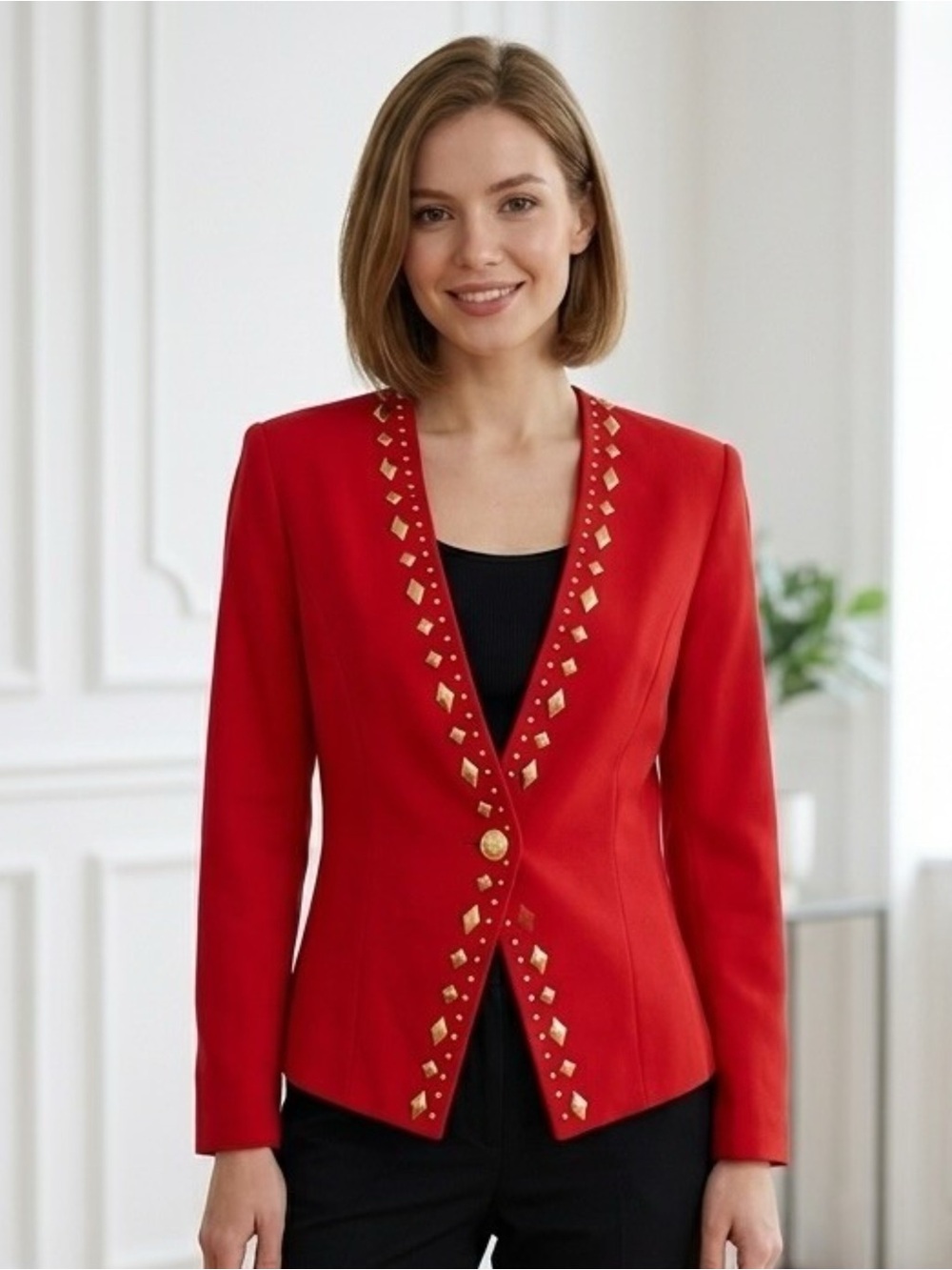 🔥Leslie Fay Red Blazer with Gold Stud Trim🔥